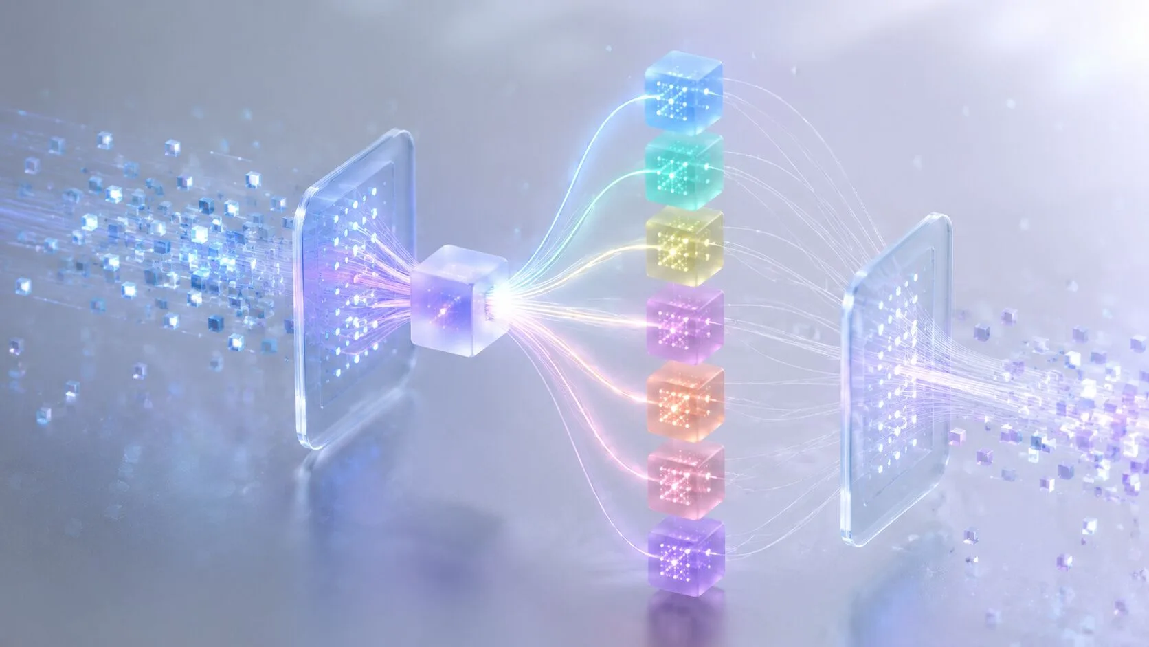 Mixture of Experts（MoE）をイメージした、複数の専門家ネットワークへデータが分岐する様子を表現した3D抽象イラスト